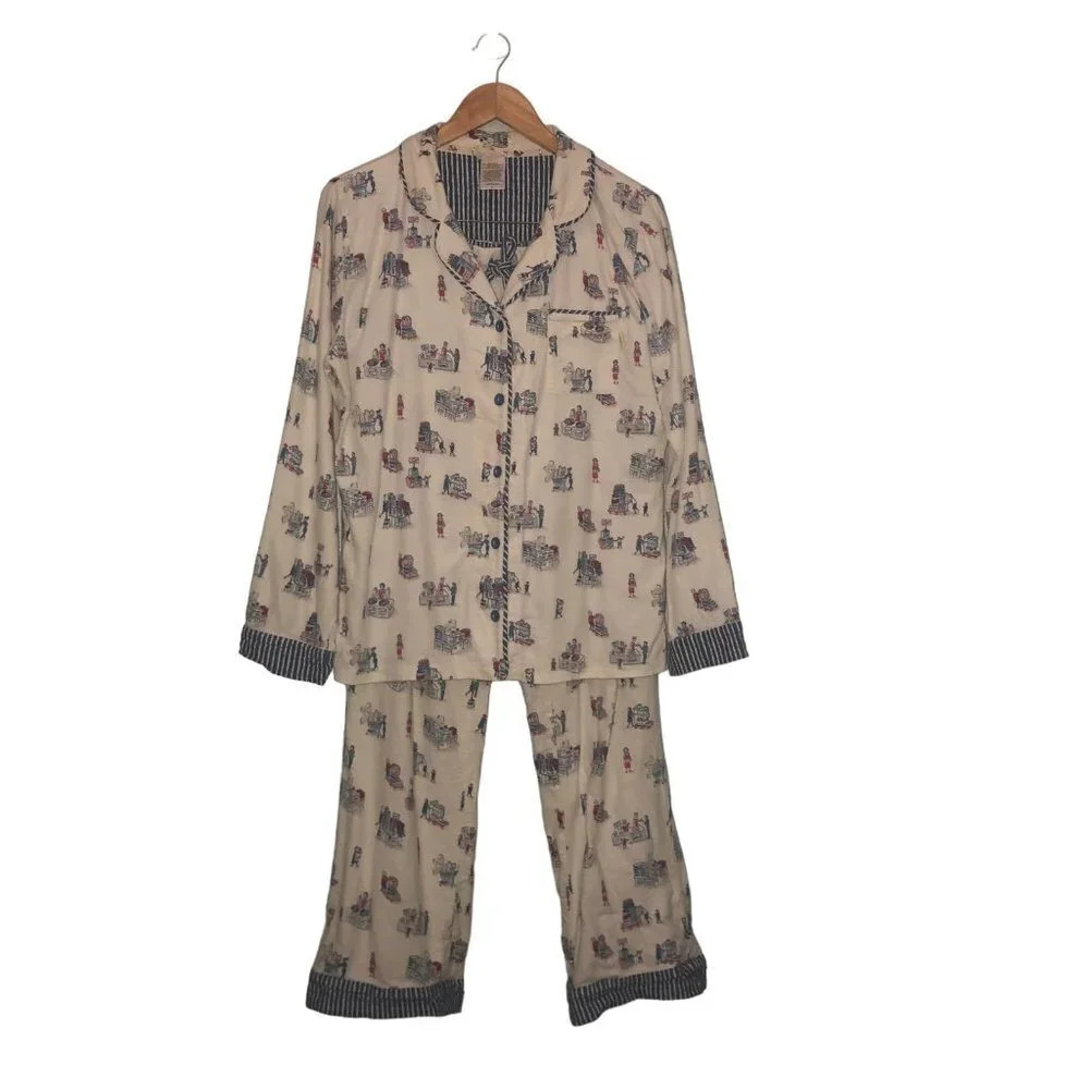 MUNKI MUNKI Sz M Women's Red Cream Blue Grocery Shopping Flannel PJ's Pajama's